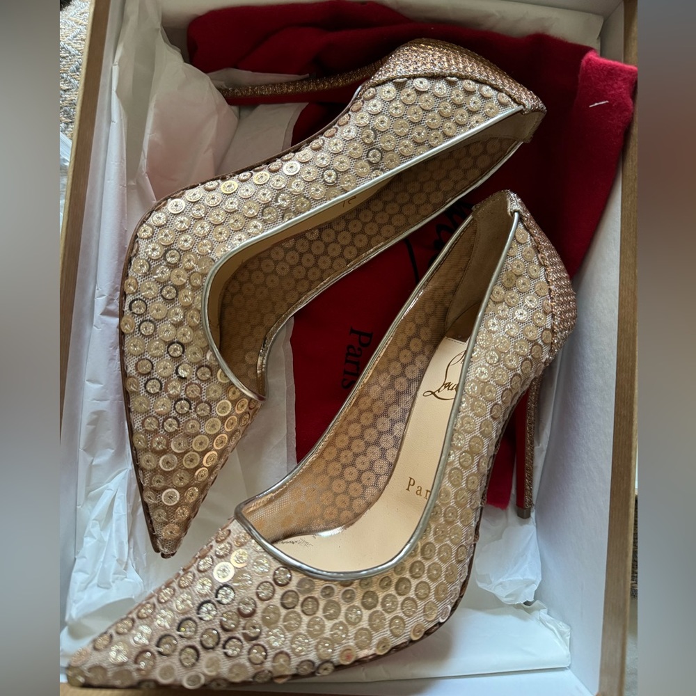 Christian Louboutin Gold Sequin Leather Stilettos Heels Pumps 36.5 6.5
